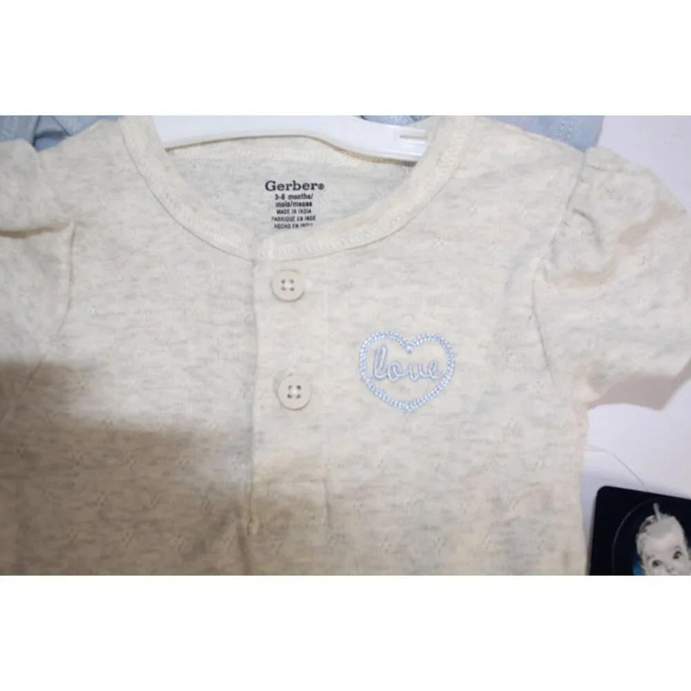 Gerber Onesies 3 Pack Girls 3-6 months Cream Brown Blue Buttons Short Sleeve NWT